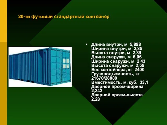 20-ти футовый стандартный контейнер Длина внутри, м 5,898 Ширина внутри, м 2,35