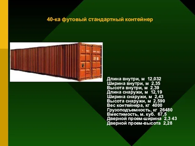 40-ка футовый стандартный контейнер Длина внутри, м 12,032 Ширина внутри, м 2,35