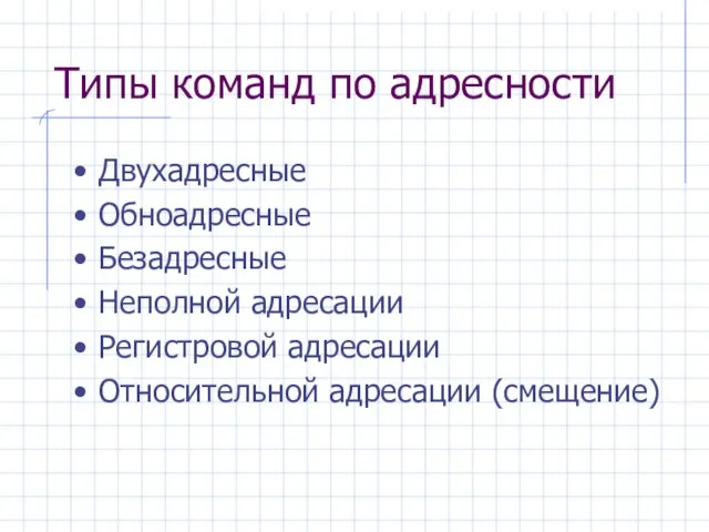 Типы команд по адресности Двухадресные Обноадресные Безадресные Неполной адресации Регистровой адресации Относительной адресации (смещение)