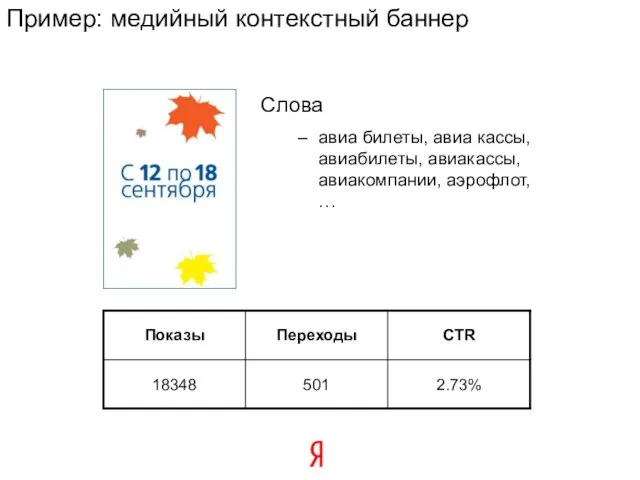 Пример: медийный контекстный баннер Слова авиа билеты, авиа кассы, авиабилеты, авиакассы, авиакомпании, аэрофлот, …