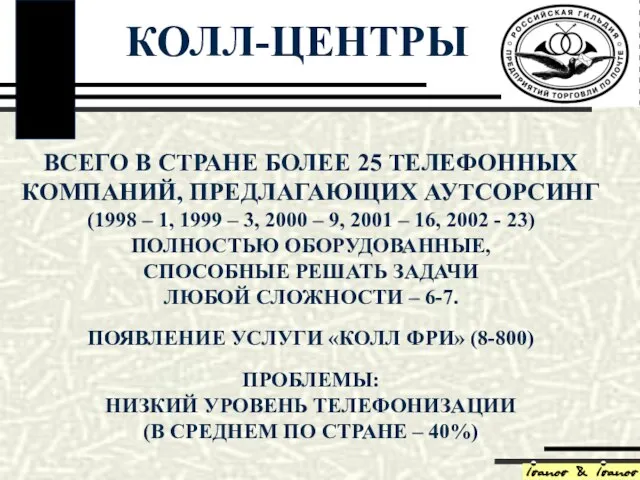 ВСЕГО В СТРАНЕ БОЛЕЕ 25 ТЕЛЕФОННЫХ КОМПАНИЙ, ПРЕДЛАГАЮЩИХ АУТСОРСИНГ (1998 – 1,