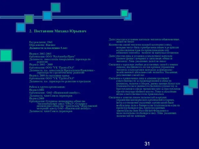 31 2. Поставнин Михаил Юрьевич Год рождения: 1968 Образование: Высшее Должности за