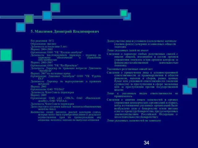 34 5. Максимов Димитрий Владимирович Год рождения: 1972 Образование: высшее Должности за