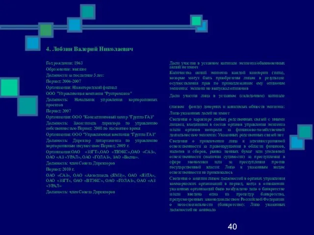 40 4. Лобзин Валерий Николаевич Год рождения: 1963 Образование: высшее Должности за