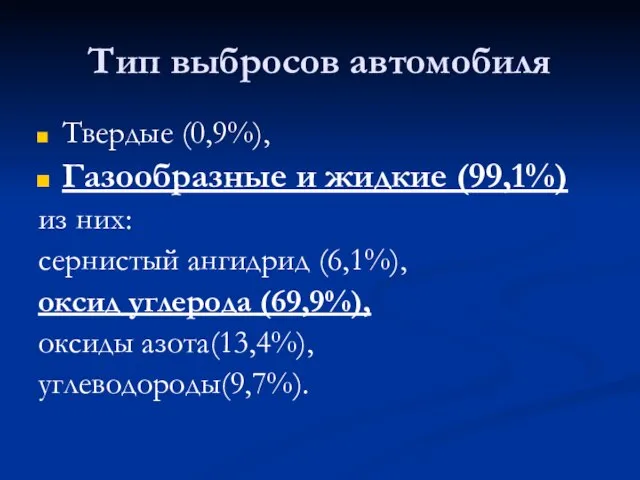 Тип выбросов автомобиля Твердые (0,9%), Газообразные и жидкие (99,1%) из них: сернистый