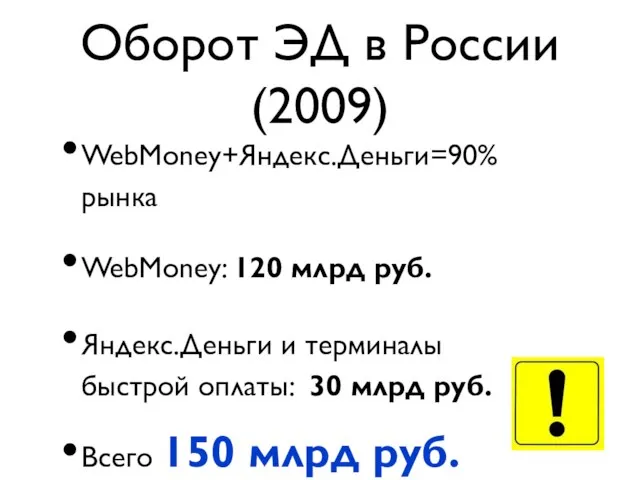 Оборот ЭД в России (2009) WebMoney+Яндекс.Деньги=90% рынка WebMoney: 120 млрд руб. Яндекс.Деньги