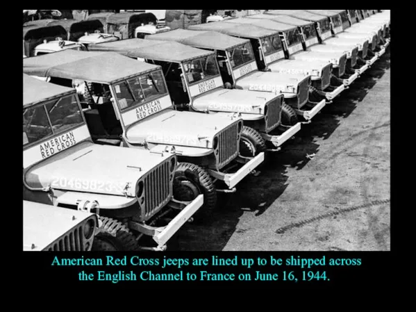 American Red Cross jeeps are lined up to be shipped across the