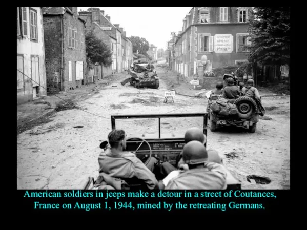 American soldiers in jeeps make a detour in a street of Coutances,