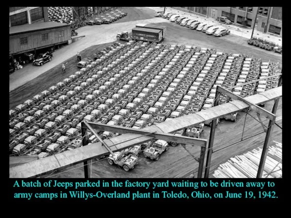 A batch of Jeeps parked in the factory yard waiting to be