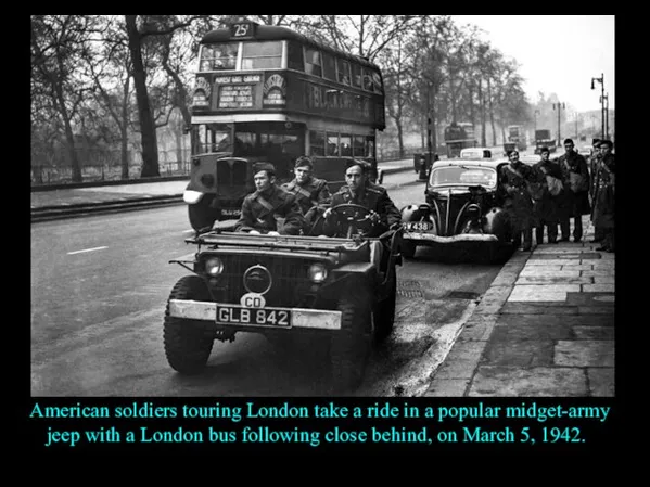 American soldiers touring London take a ride in a popular midget-army jeep