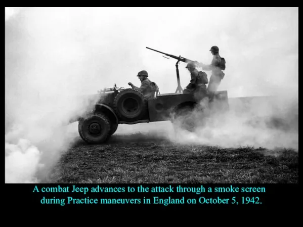 A combat Jeep advances to the attack through a smoke screen during