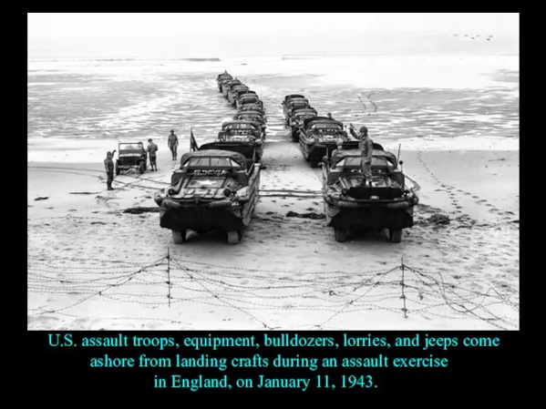 U.S. assault troops, equipment, bulldozers, lorries, and jeeps come ashore from landing