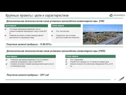 Крупные проекты: цели и характеристики Дополнительная технологическая линия установки производства элементарной серы