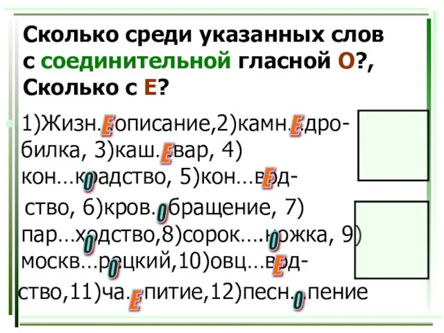 Сколько среди указанных слов с соединительной гласной О?, Сколько с Е? 1)Жизн…описание,2)камн…дро-