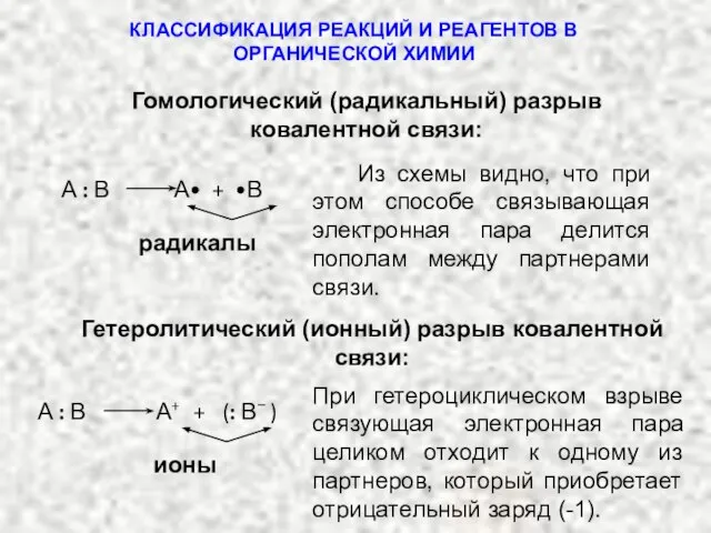 Гомологический (радикальный) разрыв ковалентной связи: А : В А• + •В радикалы