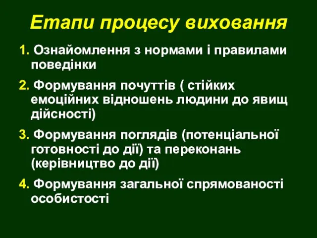 Етапи процесу виховання 1. Ознайомлення з нормами і правилами поведінки 2. Формування