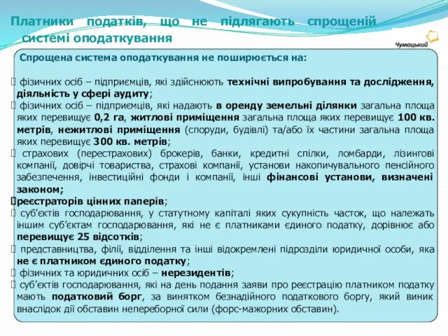 Спрощена система оподаткування не поширюється на: фізичних осіб – підприємців, які здійснюють