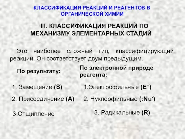 III. КЛАССИФИКАЦИЯ РЕАКЦИЙ ПО МЕХАНИЗМУ ЭЛЕМЕНТАРНЫХ СТАДИЙ Это наиболее сложный тип, классифицирующий