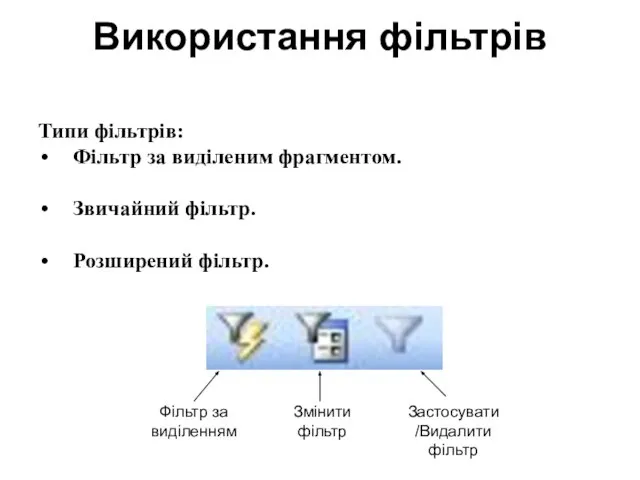 Використання фільтрів Типи фільтрів: Фільтр за виділеним фрагментом. Звичайний фільтр. Розширений фільтр.