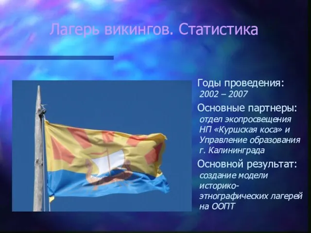 Лагерь викингов. Статистика Годы проведения: 2002 – 2007 Основные партнеры: отдел экопросвещения