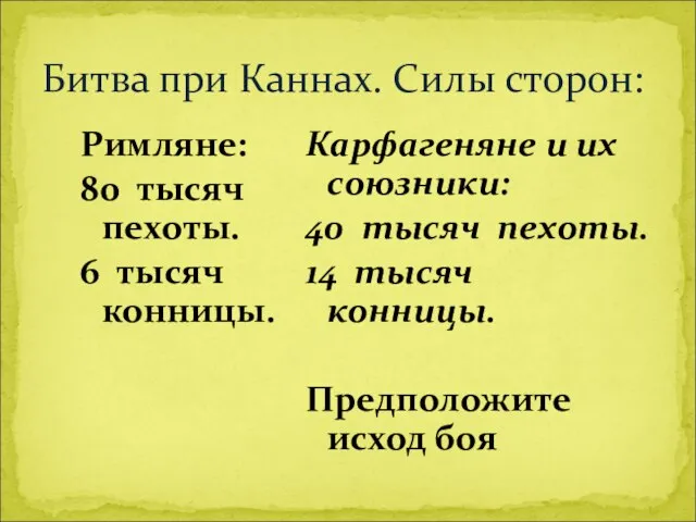 Битва при Каннах. Силы сторон: Римляне: 80 тысяч пехоты. 6 тысяч конницы.