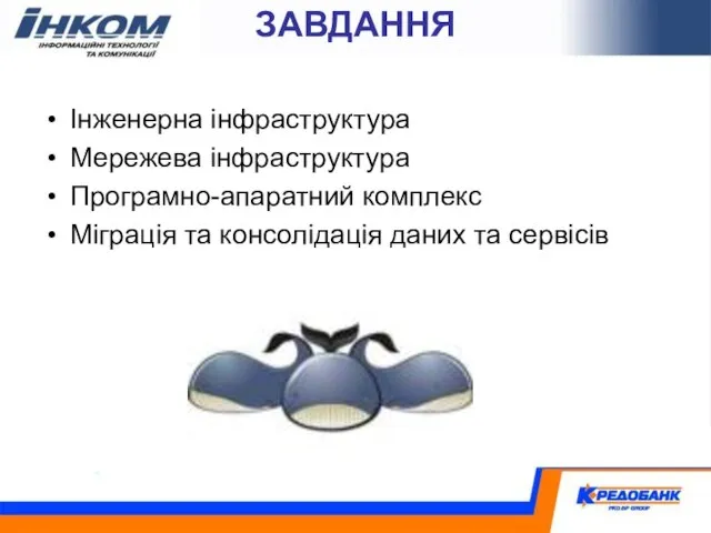 ЗАВДАННЯ Інженерна інфраструктура Мережева інфраструктура Програмно-апаратний комплекс Міграція та консолідація даних та сервісів