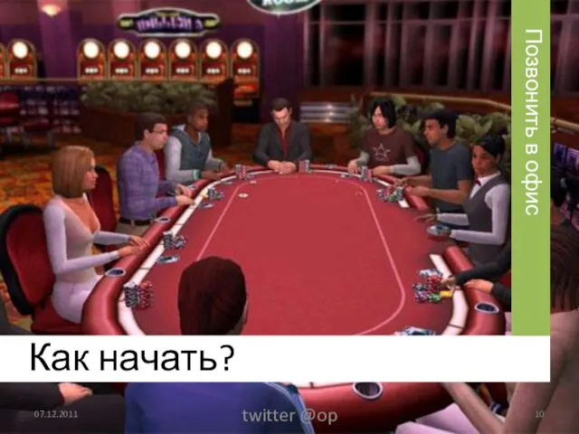 Как начать? 07.12.2011 twitter @op Позвонить в офис