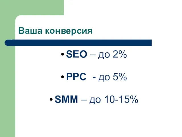 Ваша конверсия SEO – до 2% PPC - до 5% SMM – до 10-15%