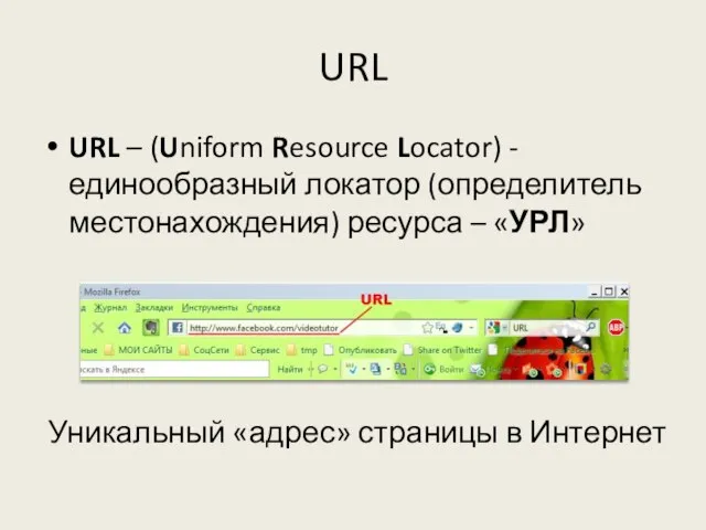 URL URL – (Uniform Resource Locator) - единообразный локатор (определитель местонахождения) ресурса