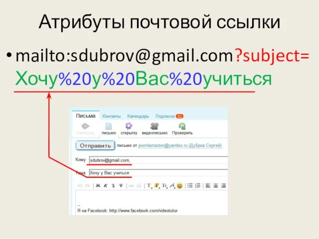 Атрибуты почтовой ссылки mailto:sdubrov@gmail.com?subject=Хочу%20у%20Вас%20учиться
