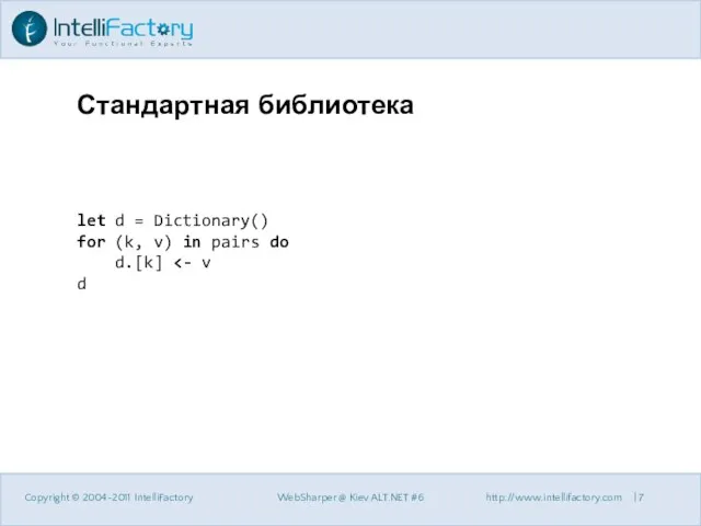 Стандартная библиотека Copyright © 2004-2011 IntelliFactory WebSharper @ Kiev ALT.NET #6 http://www.intellifactory.com