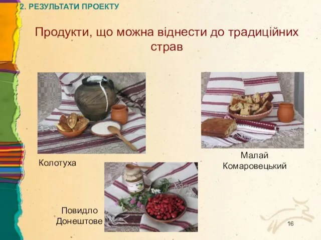 Продукти, що можна віднести до традиційних страв Колотуха Малай Комаровецький Повидло Донештове 2. РЕЗУЛЬТАТИ ПРОЕКТУ