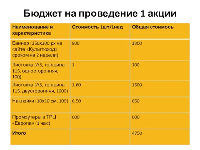 Бюджет на проведение 1 акции