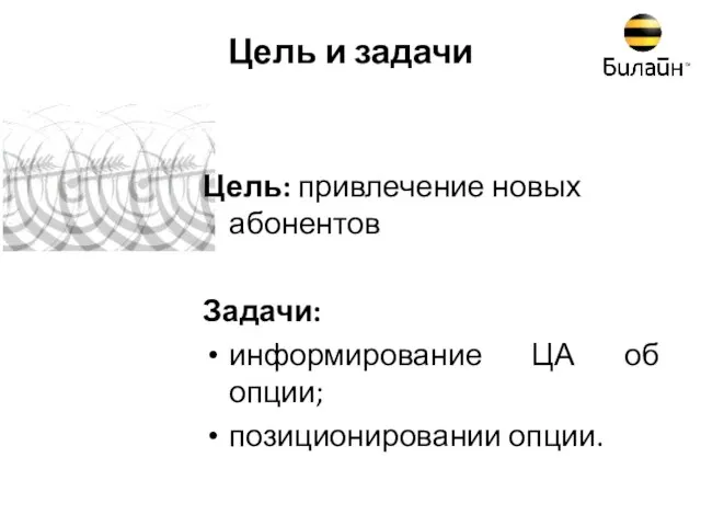 Цель и задачи Цель: привлечение новых абонентов Задачи: информирование ЦА об опции; позиционировании опции.