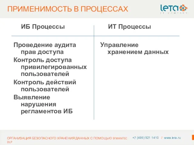 +7 (495) 921 1410 / www.leta.ru ОРГАНИЗАЦИЯ БЕЗОПАСНОГО ХРАНЕНИЯ ДАННЫХ С ПОМОЩЬЮ