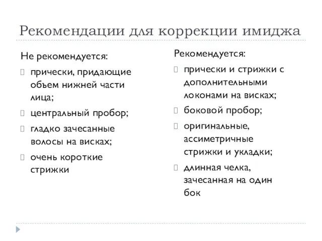 Рекомендации для коррекции имиджа Не рекомендуется: прически, придающие объем нижней части лица;