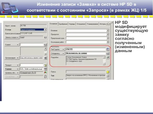 Изменение записи «Заявка» в системе HP SD в соответствии с состоянием «Запроса»