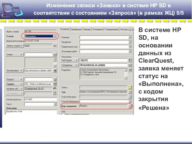 Изменение записи «Заявка» в системе HP SD в соответствии с состоянием «Запроса»