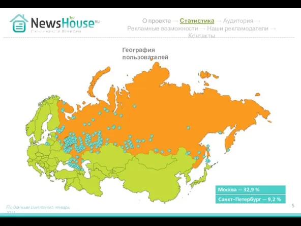 География пользователей По данным LiveInternet: январь 2011 О проекте → Статистика →