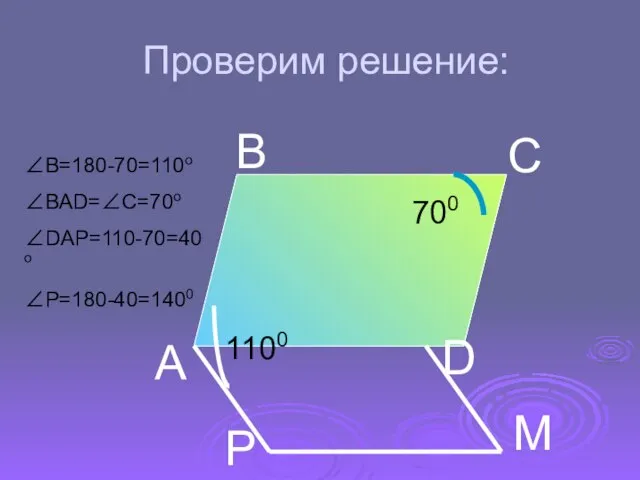 Проверим решение: А В С D Р М 700 1100 ∠В=180-70=110o ∠ВАD=∠C=70o ∠DAP=110-70=40o ∠P=180-40=1400