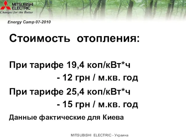 МITSUBISHI ЕLECTRIC - Украина Energy Camp 07-2010 Стоимость отопления: При тарифе 19,4