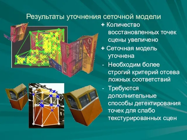 Результаты уточнения сеточной модели + Количество восстановленных точек сцены увеличено + Сеточная