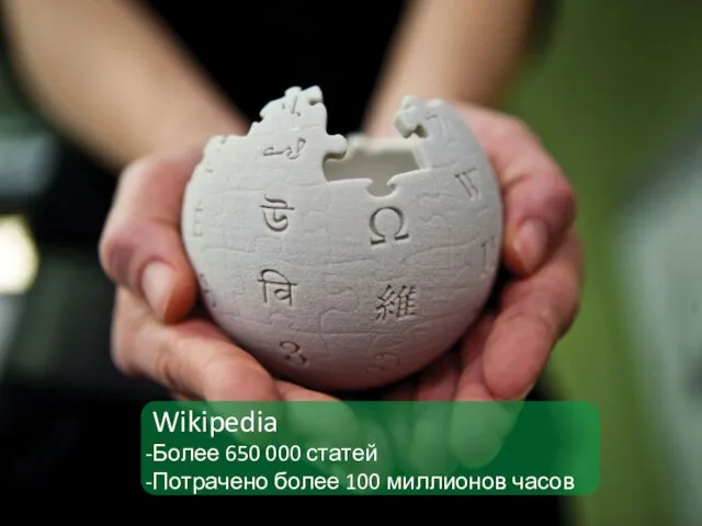 Wikipedia Более 650 000 статей Потрачено более 100 миллионов часов