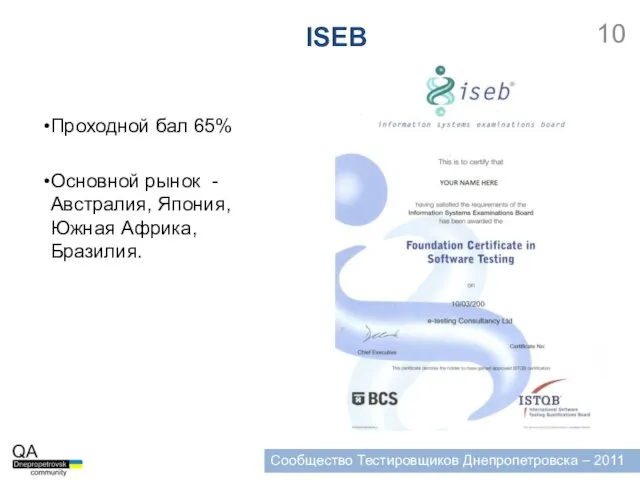 Сообщество Тестировщиков Днепропетровска – 2011 Проходной бал 65% Основной рынок - Австралия,