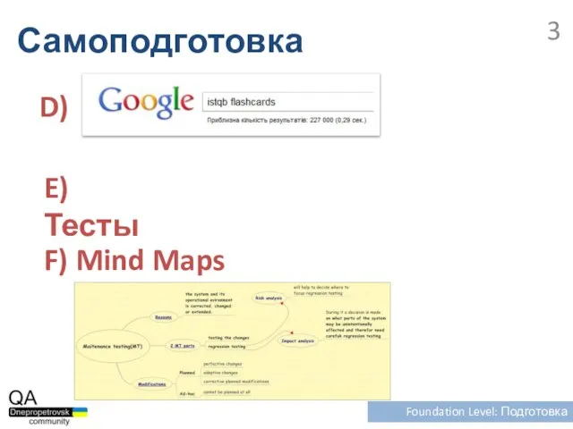 Самоподготовка Foundation Level: Подготовка D) E) Тесты F) Mind Maps