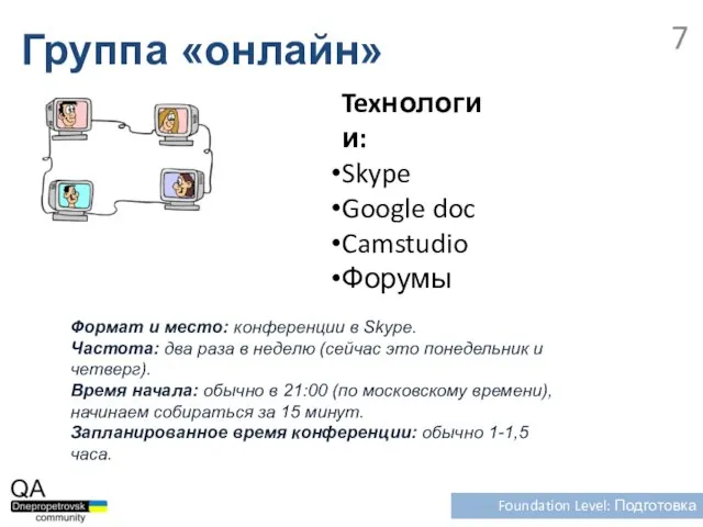 Группа «онлайн» Foundation Level: Подготовка Texнологии: Skype Google doc Camstudio Форумы Формат