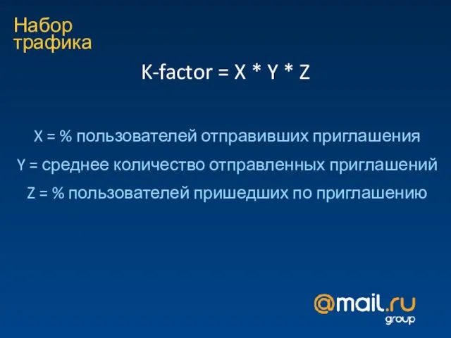 Набор трафика K-factor = X * Y * Z X = %