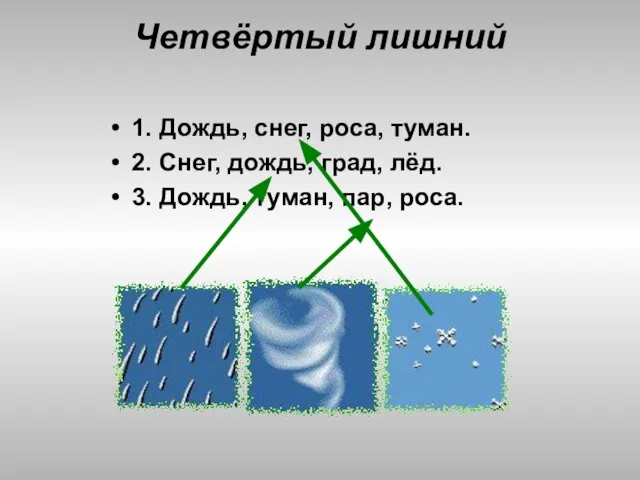 Четвёртый лишний 1. Дождь, снег, роса, туман. 2. Снег, дождь, град, лёд.