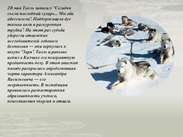 28 мая Толль записал: “Сегодня съели последний сухарь... Мы оба обессилели”. Поддерживала