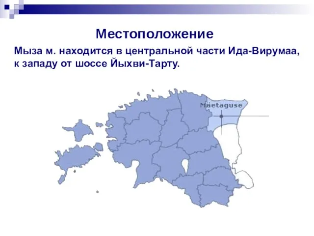 Местоположение Мыза м. находится в центральной части Ида-Вирумаа, к западу от шоссе Йыхви-Тарту.